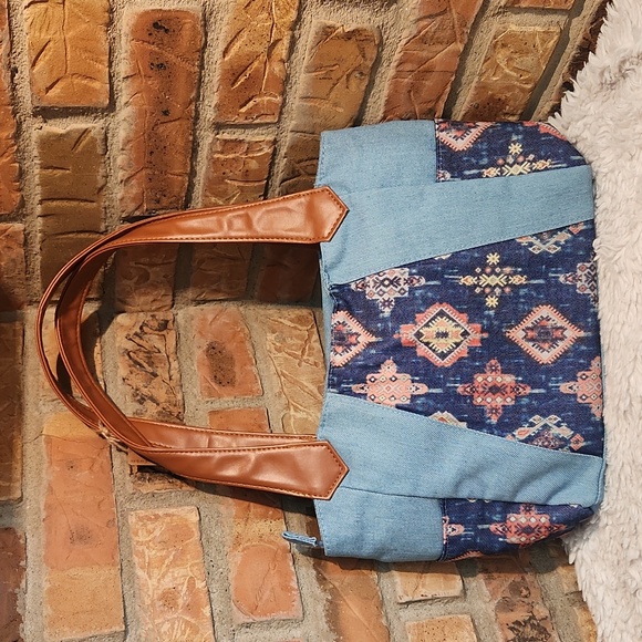 Canyon Sky Blue & Orange Geometric Aztec Tote Bag 2 End Pockets NWT - Picture 2 of 8